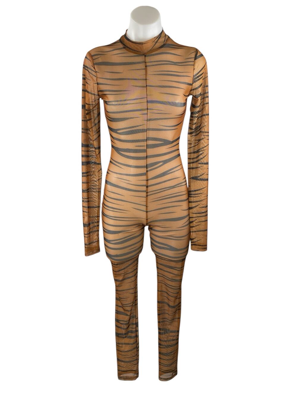 Women's Tan Black Tiger Animal Print Long Sleeve Sheer Mesh Jumpsuit Size M